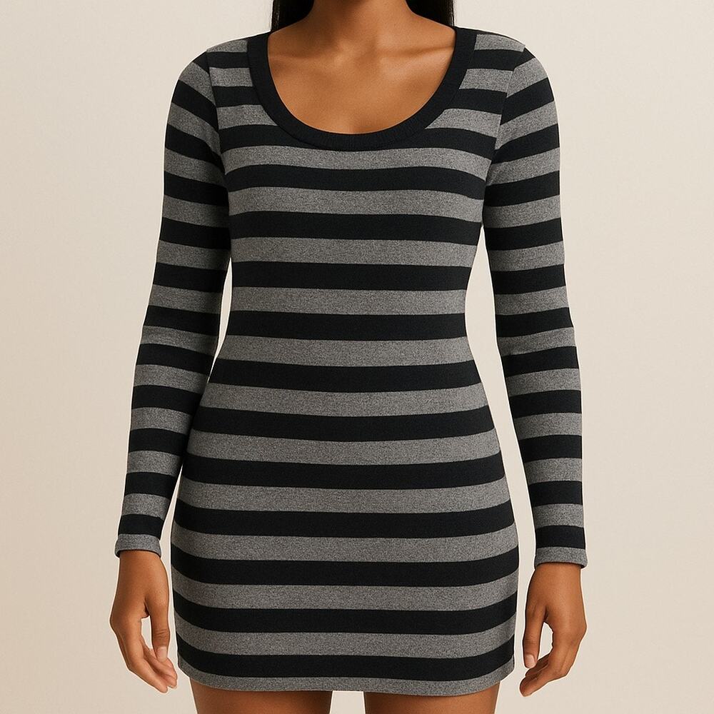 Express Striped Sweater Dress‎ XS Black Gray Long Sleeve Y2K Bodycon Mini